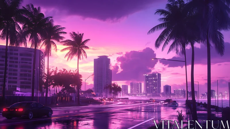 Neon sunset city boulevard with palm trees and traffic.