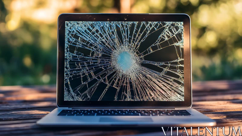 Shattered laptop screen explodes into a digital spiderweb