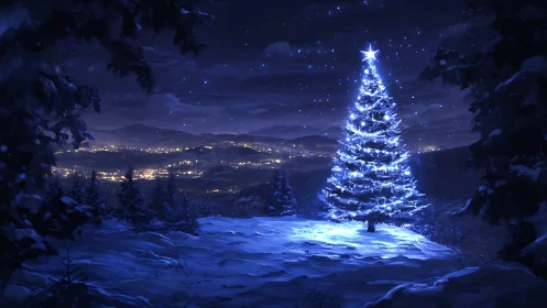 Starlit winter pine crowned in electric blue hush and wonder.