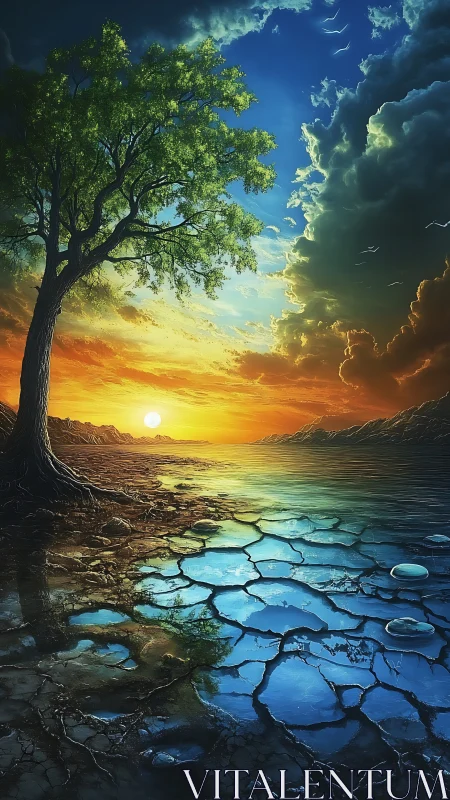 Digital painting landscape of elemental sky-water contrast.