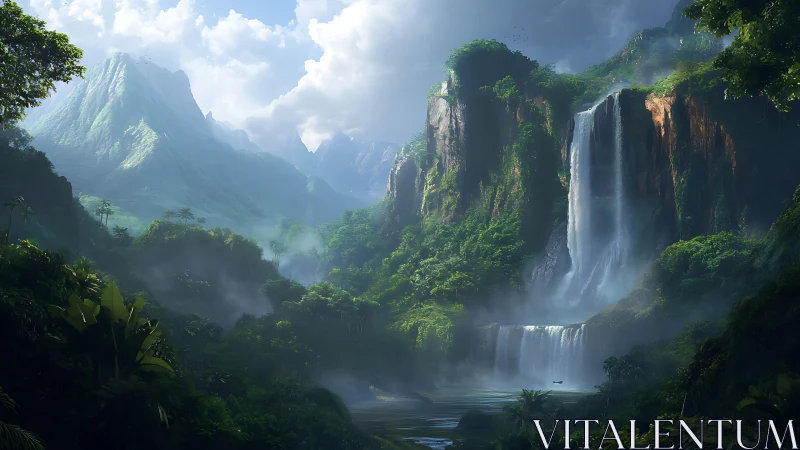 Cascading jungle waterfalls carve misted cliffs in lush valley
