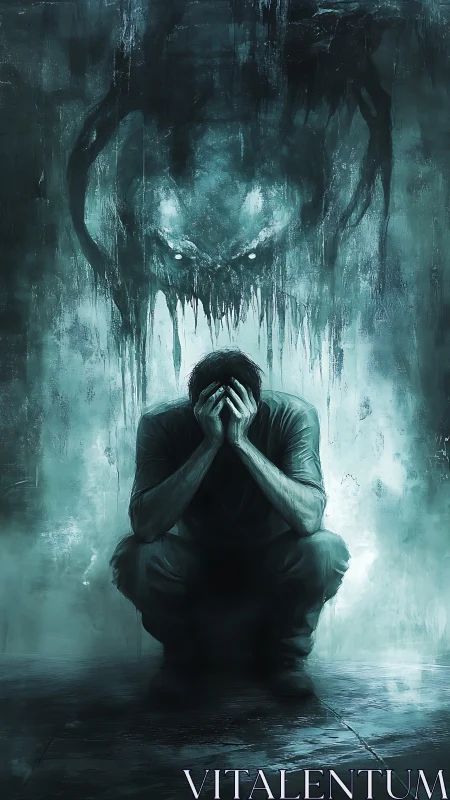 Crouched soul beneath a dripping nightmare of shadowed dread.