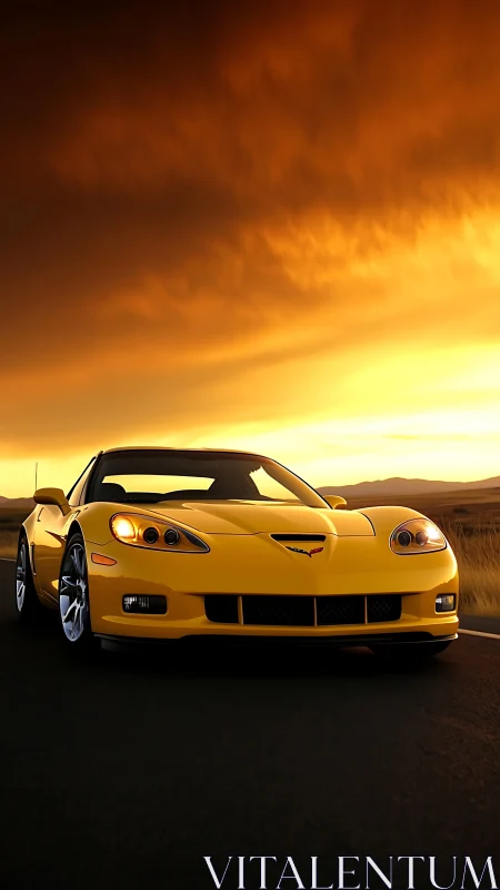 Yellow sports coupe on highway under dramatic sunset sky.