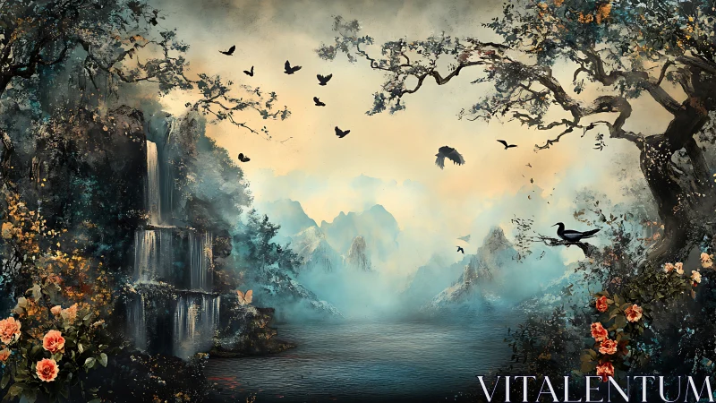 Mist-covered lake lies between waterfalls, birds, and trees