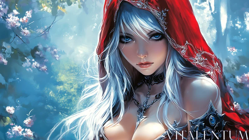 Digital portrait depicts hooded silver-haired woman in forest
