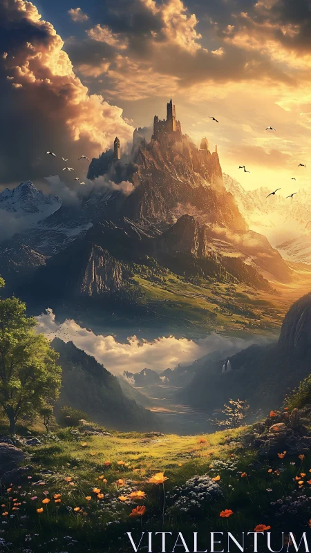 Sunlit mountain citadel crowns misty fantasy valley.