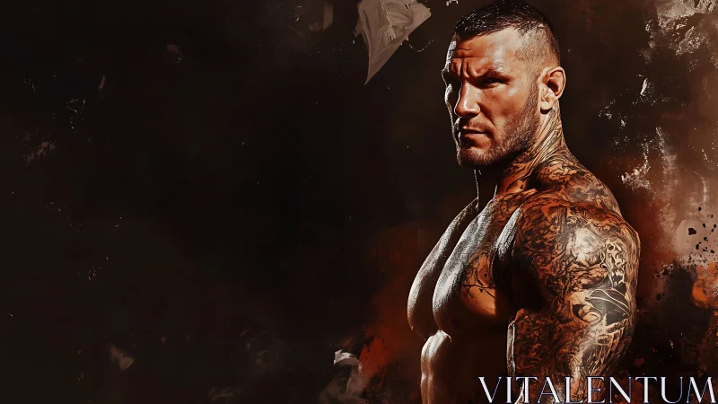 Powerful tattooed athlete stands strong in bold warm light