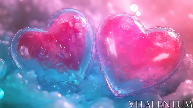 Luminous Glass Hearts Glow with Vibrant Pink and Blue Magic