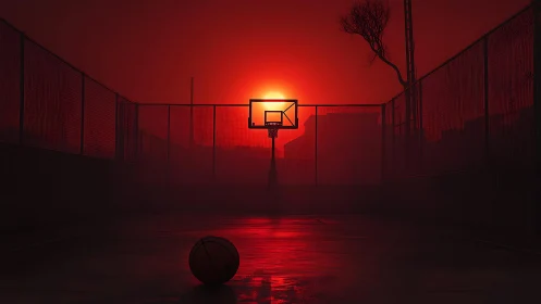 Sunset backboard swallows the last shot on a red court