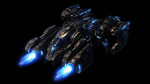 Starforged gunship roars through void with cobalt flame.