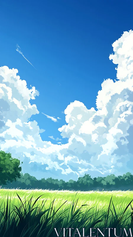 Bright summer field stretches under towering cumulus clouds