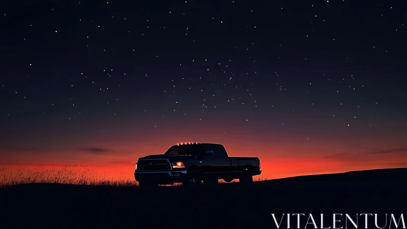 Pickup truck lingers beneath a starlit ember horizon
