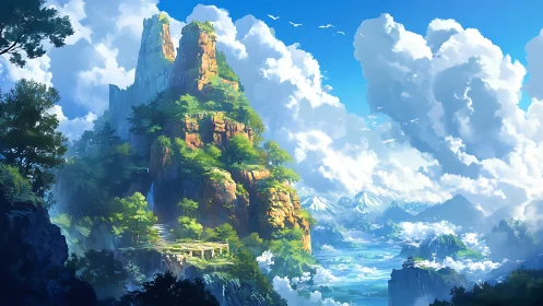 Skyward citadel of sunlit cliffs above cloud-bright valley.