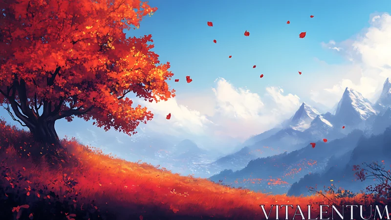 Solitary red tree stands above distant layered mountain range