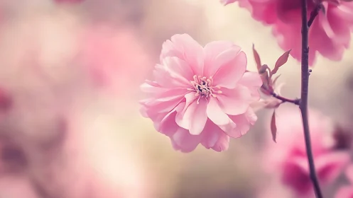 Pink peony bloom. Soft focus petals against warm, blurred garden.
