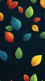 Multicolored stylized leaves are arranged along dark tree branches