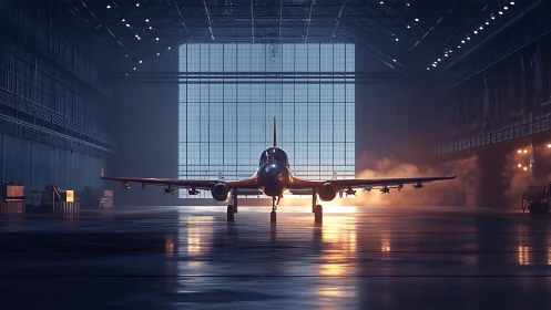 Sunlit jet waiting quietly in a vast echoing hangar.