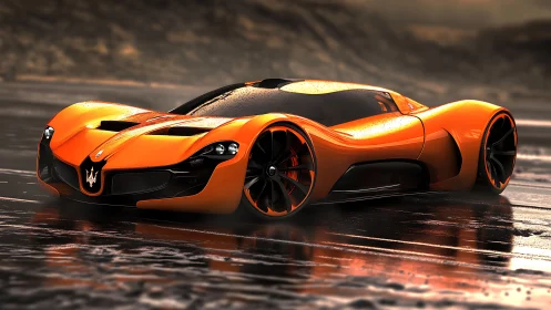 Aerodynamic Maserati hypercar on wet reflective test track.