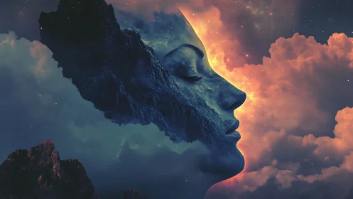 Geological female profile fused with nebular cloudscape horizon.