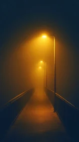 Golden fog on a quiet night bridge, glowing with mystery.