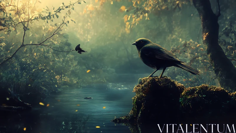 Serene bird on mossy rock by tranquil stream, dreamy forest light.