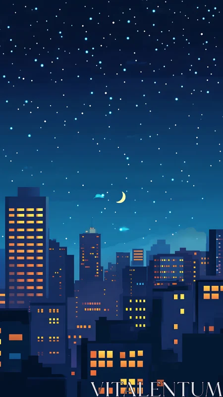 Night city skyline shows illuminated towers and star field