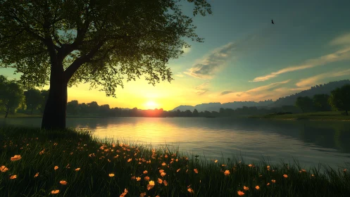 Sunlit lakeside meadow glows under tranquil golden sunset.