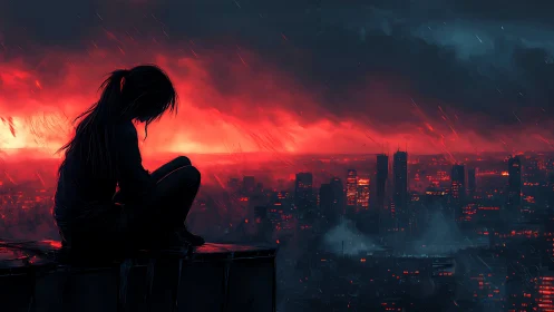 Digital painting of lone figure on rooftop over burning cityscape.