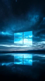 Glowing window logo floats above starry nocturnal seascape