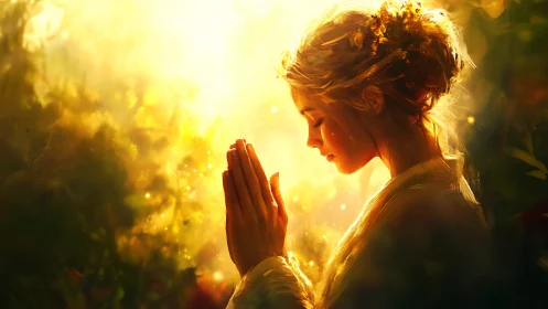 Sunlit woman in prayer amid golden atmospheric foliage.