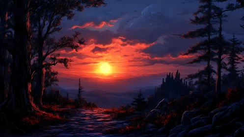 Sunlit forest trail meeting a glowing crimson horizon.