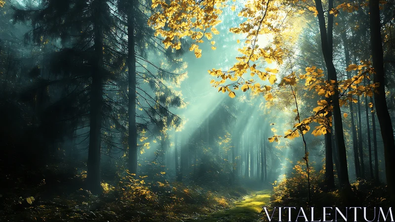 Cathedral of Light: Where Golden Autumn Whispers Meet Emerald Mist