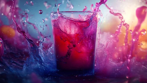 Dynamic Splash of Crimson Liquid Bursts from Crystal Glass.