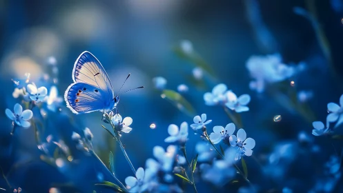 Macro noctilucent butterfly on blue wildflower bokeh field.
