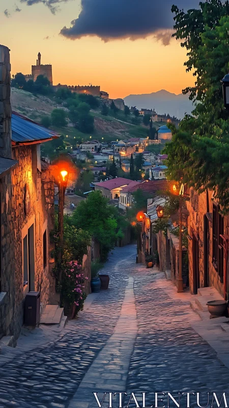 Old stone street glows under warm sunset hilltop fortress