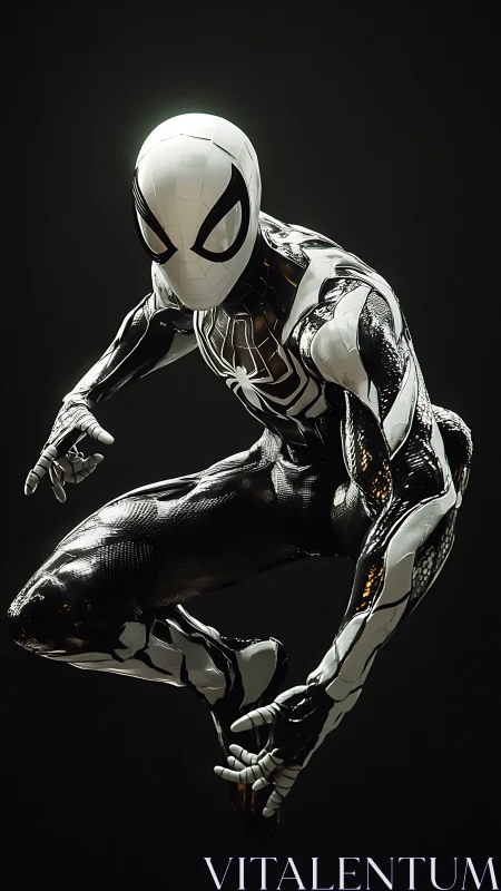 Hyperreal monochrome spider-suit hero rendered in dynamic leap