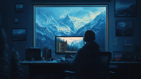 Programmer workstation facing blue alpine mountain landscape.