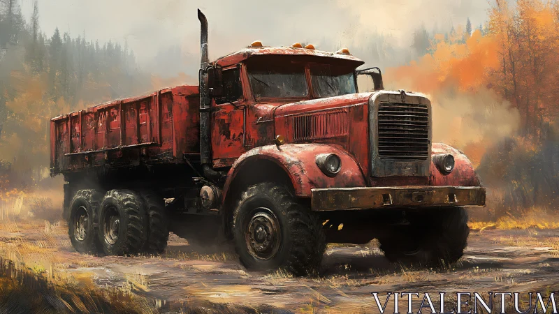 Weathered red dump truck dominates misty autumn forest road