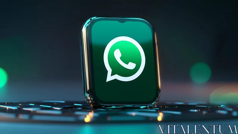 WhatsApp logo on illuminated 3D app icon in dark scene.