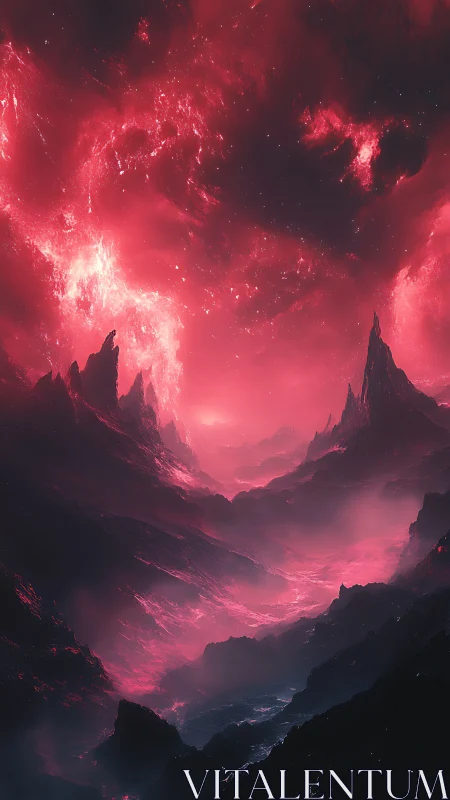 Crimson alien canyon under swirling cosmic storm sky.