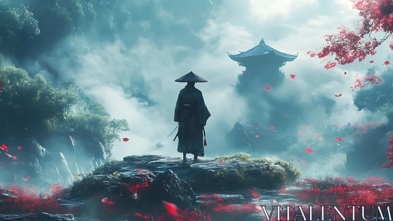 Solitary samurai on misty cliff facing distant temple.