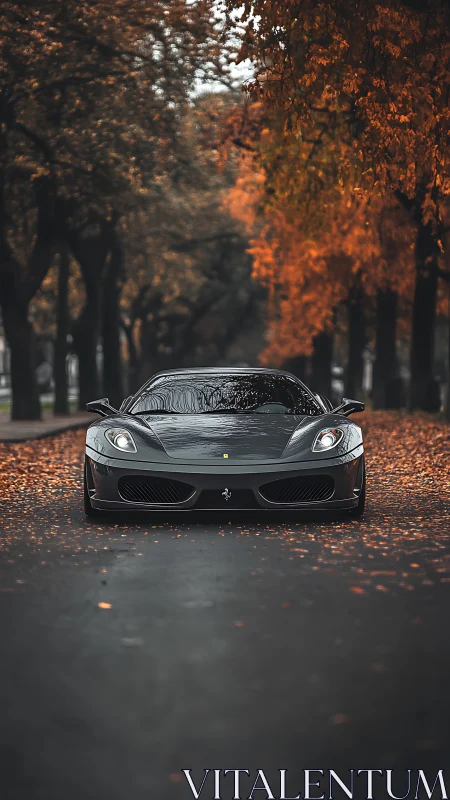 Sleek sports car slices through a moody, leaf-strewn autumn lane