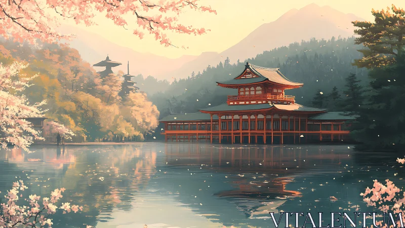 Serene lakeside Japanese temple rendered in warm pastel tones