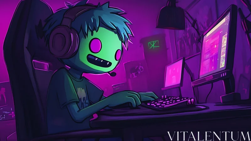 Neon-faced gamer locked in purple cyber streaming glow.