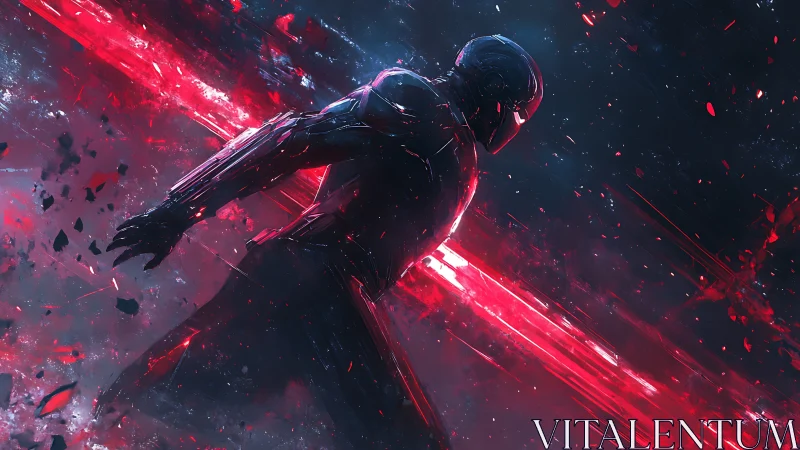 Armored humanoid figure crosses diagonal red light field