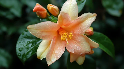 Peach hibiscus flower with raindrops on green foliage background.