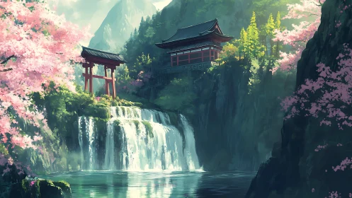 Serene Japanese temple above cascading spring waterfall.