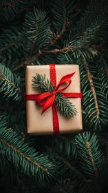 Gift box with red ribbon nestled in evergreen branches.