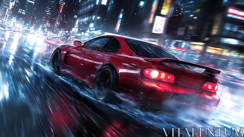 Red street racer storms through neon-soaked night cityscape.