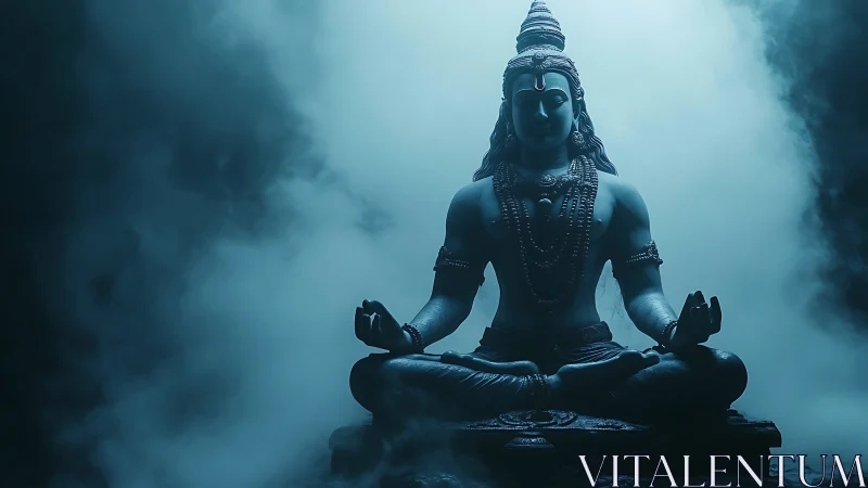 Stone Shiva figure seated in meditation amid diffuse mist.